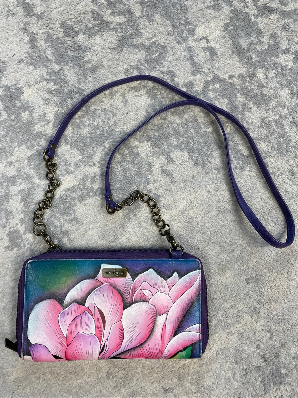 Anuschka Hand Painted Leather Crossbody Wallet Bag Floral Lotus
